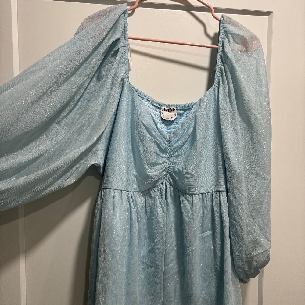 ARULA Light Blue Sheer Puff Sleeve Blouse